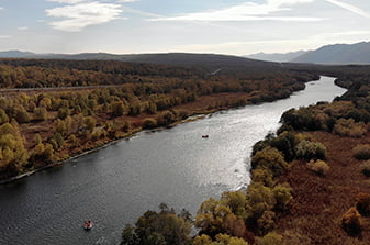 we raft down the Bystraya River in two rafts