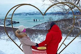 lovers’ bench at Cape Mayachny in winter