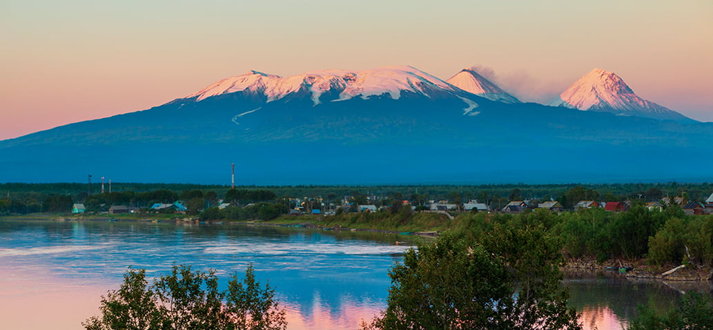 the village of Klyuchi at the foot of Klyuchevskoy volcano